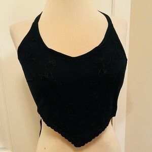 Elegant Black Embroidered Crop Halter Top NWT
